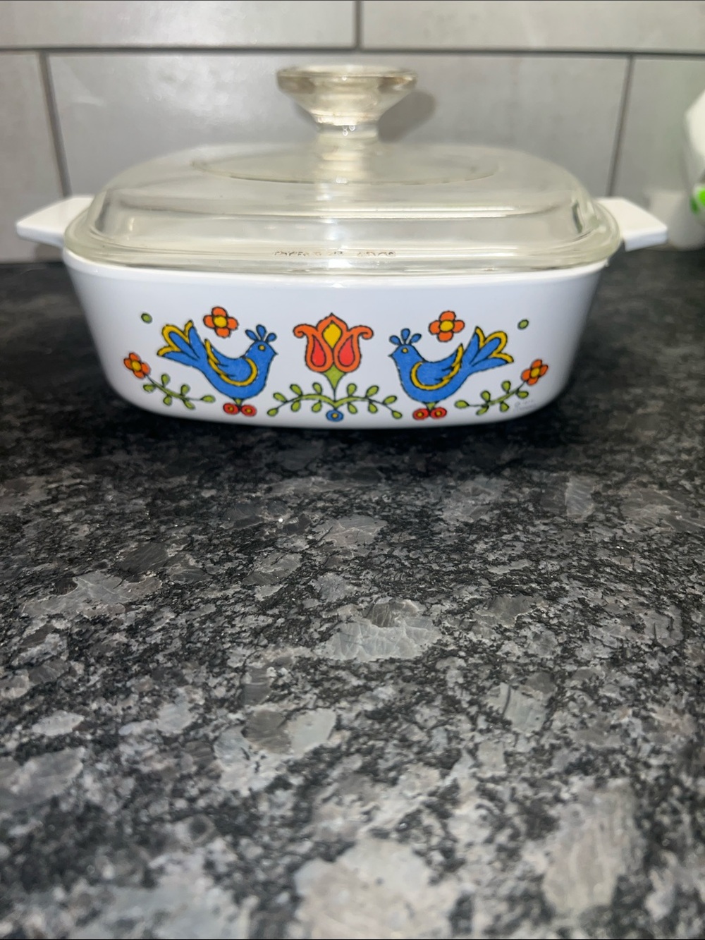 1975 1qt CorningWare Country Festival Casserole Dish Blue Floral Bird Pattern